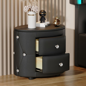 English Elm Elegant Pu Nightstand With 2 Drawers and Crystal Handle,Fully Assembled Except Legs&Handles,Storage Bedside Table - Black