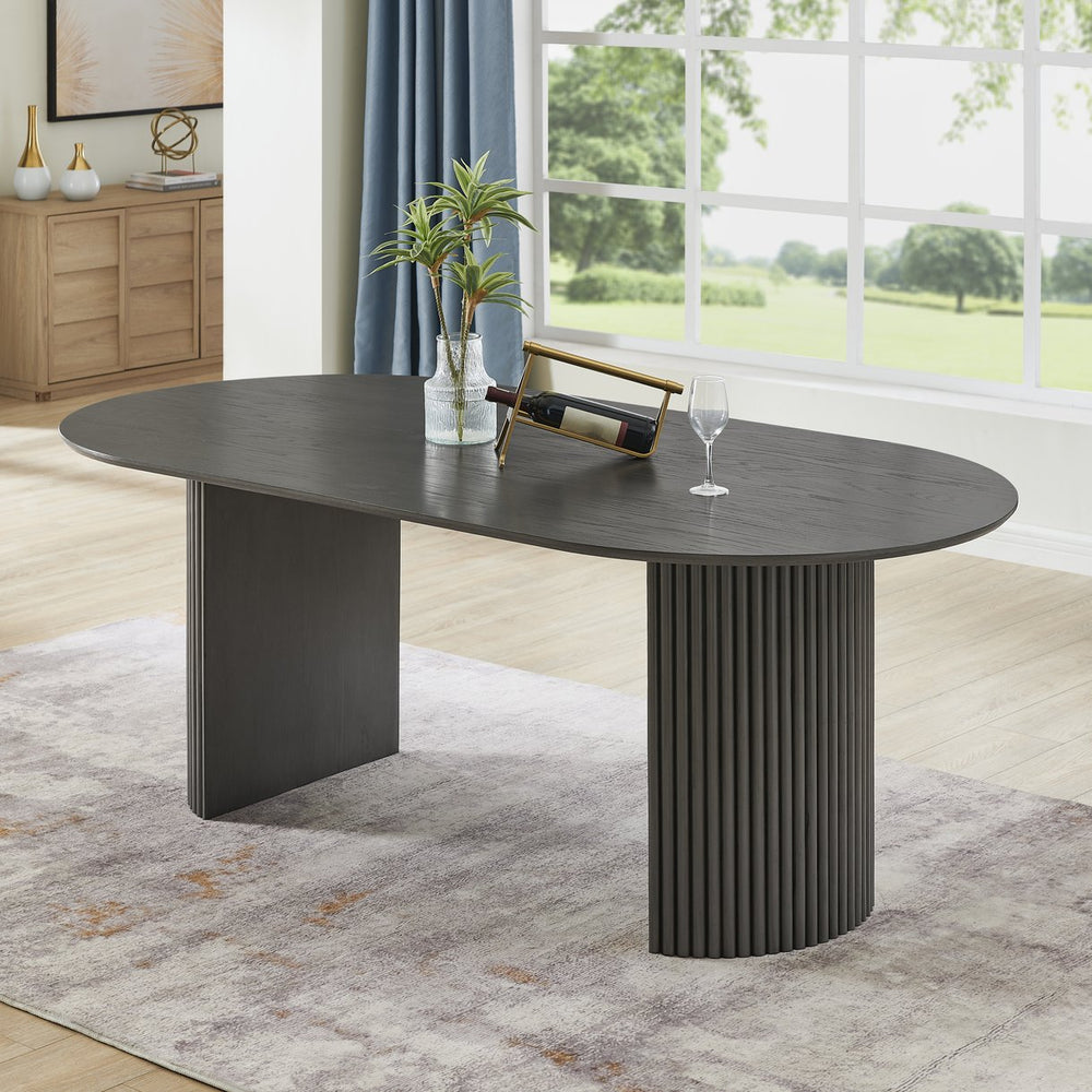 English Elm Valencia 80" Oval Oak Dining Table with Fluted Dual Pedestal Base, Durable Rubberwood Craftsmanship Gray B061S00946