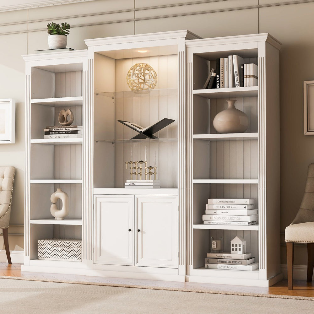 English Elm 78.75'' Retro Farmhouse 3-Piece White Bookcase Wall Suit with ETL 5-Color LED, Tempered Glass Shelves SN845P263122W