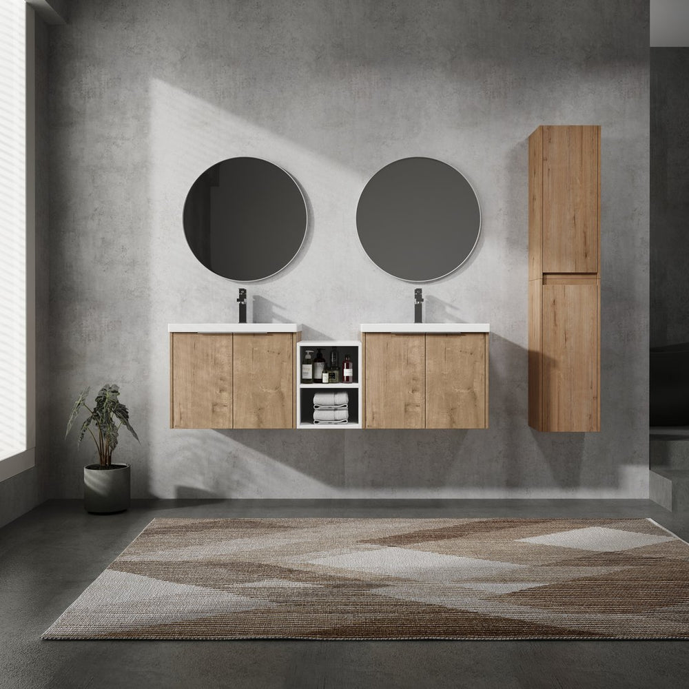 English Elm 60" Wall-Mounted Bathroom Vanity Set With Soft Close Doors, Resin Sinks & Organized Side Cabinets W999S00231