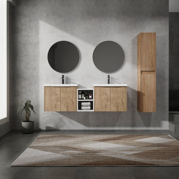 English Elm 60" Wall-Mounted Bathroom Vanity Set With Soft Close Doors, Resin Sinks & Organized Side Cabinets W999S00231