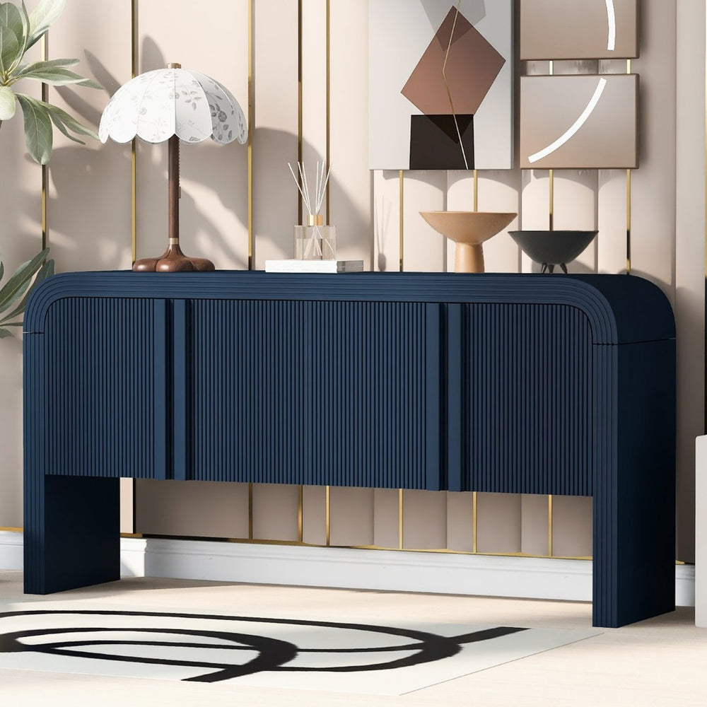 English Elm U_style Wave Door Pine Console Table Sculptural Storage for Entryway or Sofa Navy Blue N711P415846V