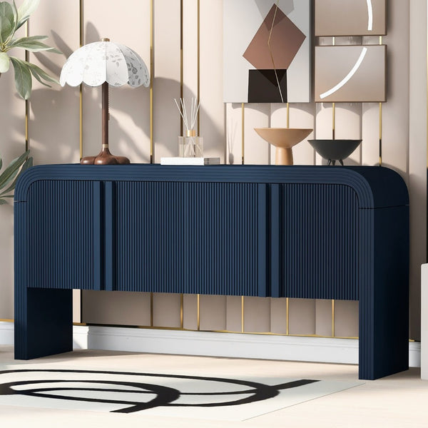 English Elm U_style Wave Door Pine Console Table Sculptural Storage for Entryway or Sofa Navy Blue N711P415846V