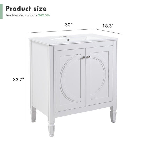 English Elm 30" Vintage White Bathroom Vanity with Ceramic Sink, No Assembly, Soft-Close Doors & Spacious Storage W2896P318470