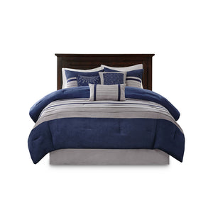 JLA Home Madison Park - 7 Palmer Comforter Set with Luxe Faux Suede Microsuede Panels, Embroidered Accent Pillows & Bed Skirt Blue MP10-2263