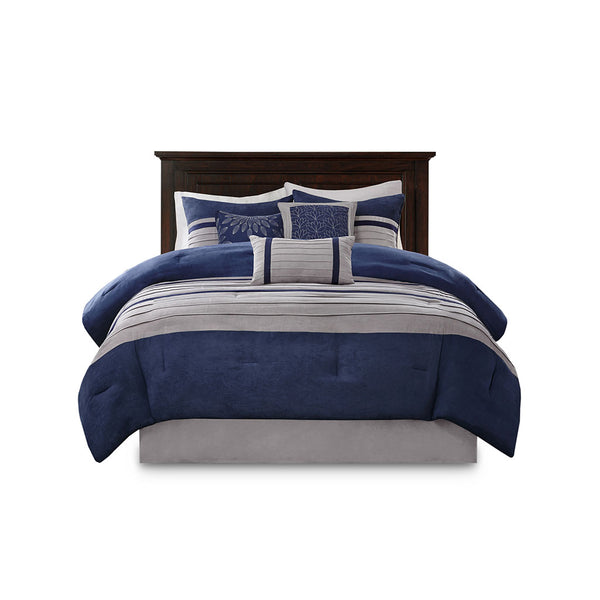JLA Home Madison Park - 7 Piece Faux Suede Comforter Set with Pieced Microsuede Panels, Embroidered Pillows, Machine Washable Elegance Blue MP10-2264
