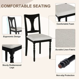 English Elm 7-Piece Extendable Dining Set with Removable Leaf and 6 Upholstered Chairs, Solid Rubberwood Legs, Seats 6 Black+Brown N752S000030B