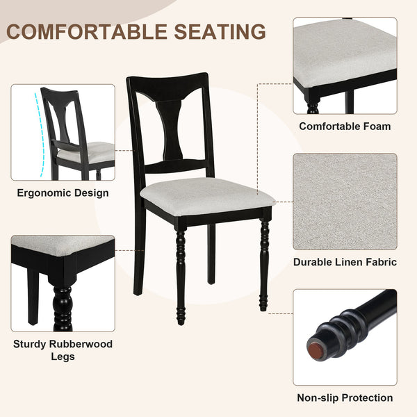 English Elm 7-Piece Extendable Dining Set with Removable Leaf and 6 Upholstered Chairs, Solid Rubberwood Legs, Seats 6 Black+Brown N752S000030B