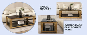 English Elm 47'' Gold Glass Double-Layer Coffee Table with Black Tempered Top, Stainless Steel Legs, Luxe Modern Appeal W1727P344005