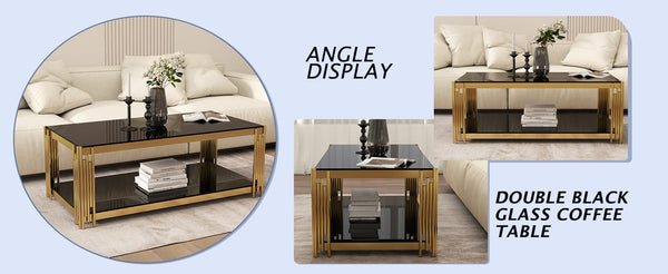 English Elm 47'' Gold Glass Double-Layer Coffee Table with Black Tempered Top, Stainless Steel Legs, Luxe Modern Appeal W1727P344005