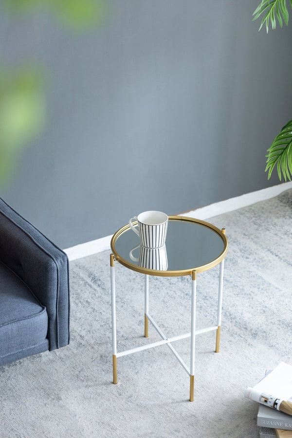 English Elm Set Hannes Nesting Side Tables with Glass Tops Elegant Deco-Modern Metal Frame for Living Rooms Gold+White W2078P394084