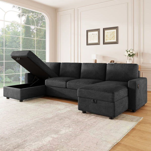 English Elm 103.9" Sectional Sofa with Hidden Storage Chaise, Reconfigurable U-Shape, 4 USB Ports, Durable Twill Upholstery Black N719S001950B