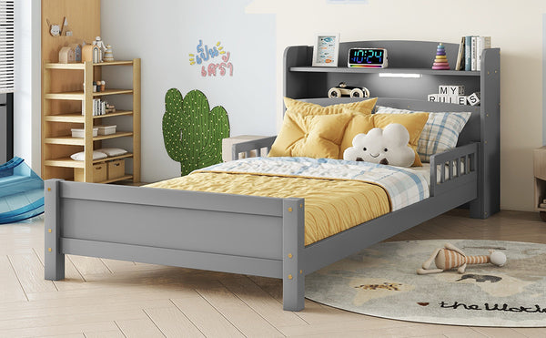 English Elm Twin Pine Wood Bed with Bookcase Headboard LED Motion Sensor Light Guardrails Ample Storage Space Grey W504P277595