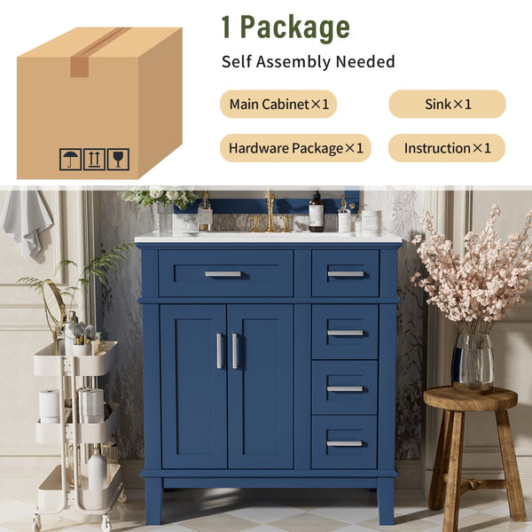 English Elm 30" Freestanding Bathroom Vanity Ceramic Sink Soft Close Cabinet Gray Wood Frame Blue N729P427118C