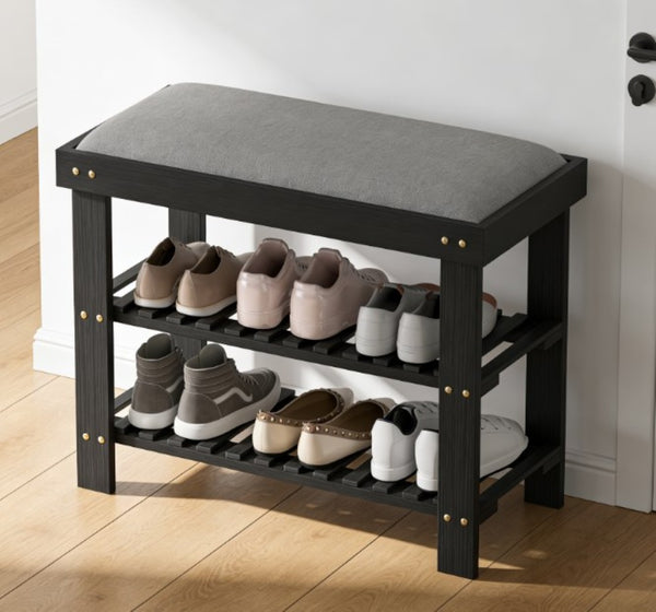 English Elm Shoe Storage Bench with Bamboo Frame and Cushioned Seat for Entryway or Mudroom T3971P430903