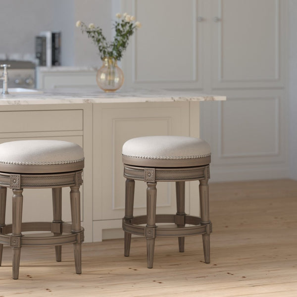 English Elm 26in. Faux Leather Swivel Barstool Nailhead Trim Carved Wood Counter Height Kitchen Gray B2751P436440