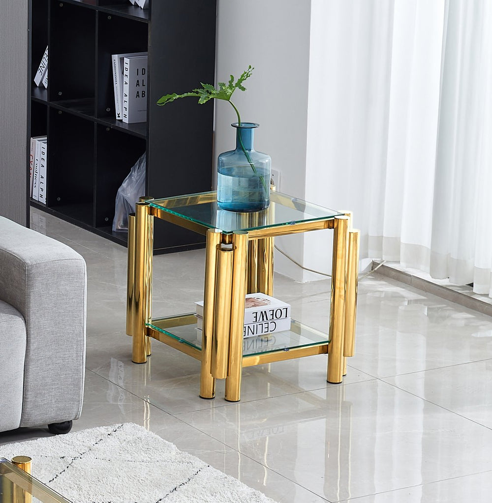 English Elm 20 Inch Square End Table - Modern Gold Stainless Steel & Glass Side Table With Double-Layer Storage W2978S00006