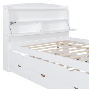 English Elm Full Size Wooden Led Platform Bed With Trundle, Storage Headboard, Usb Ports, And Drawers In White N820S10009K