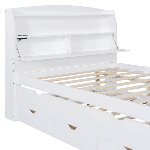 English Elm Full Size Wooden Led Platform Bed With Trundle, Storage Headboard, Usb Ports, And Drawers In White N820S10009K