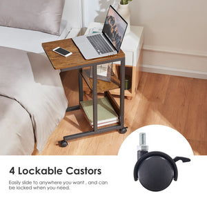 English Elm Shaped End Table with Lockable Wheels and Two-Tier Storage — C-Shape Rolling Side Table for Sofa Brown T3623P409440