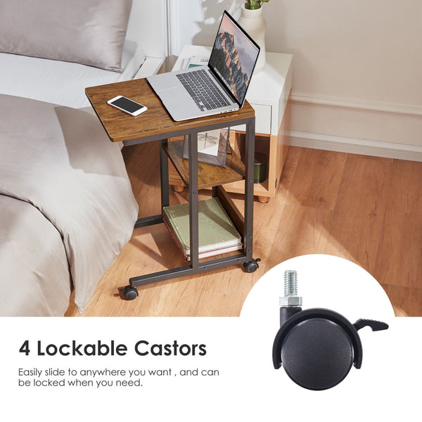 English Elm Shaped End Table with Lockable Wheels and Two-Tier Storage — C-Shape Rolling Side Table for Sofa Brown T3623P409440