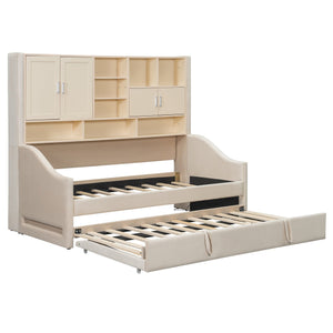 English Elm Twin Upholstered Daybed with LED Armrest Lighting, Hidden Storage Shelves & Lift-Up Pull-Out Trundle Beige SF000198AAA