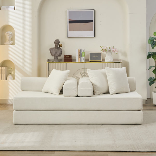 English Elm Comfy Chenille Convertible Folding Mattress Couch Sofa Bed with Armrest, Space-Saving, No Assembly Needed Beige W1143P330248