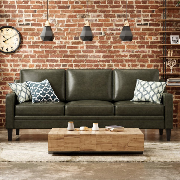 English Elm 78.75'' Slipcovered Faux Leather Sofa with High-Density Foam, Solid Wood Frame, Easy-Clean Finish Green T3623P411309