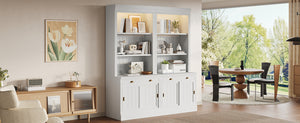 English Elm 83.4"Tall White Bookshelf Suite With Led Lighting, Sliding Doors & Drawers For Stylish Storage Solutions N751S059620K