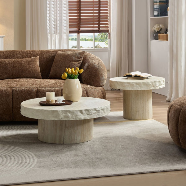 English Elm 31.69 Inch Round Fiberglass Coffee Table Sculptural Stone Finish for Modern Living Room W876P450501