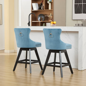 English Elm Swivel Velvet Barstools with Supportive Curved Back, Thick Foam & Spring Seat, 360° Rotation, Sturdy Wooden Frame Light Blue W1143P369089