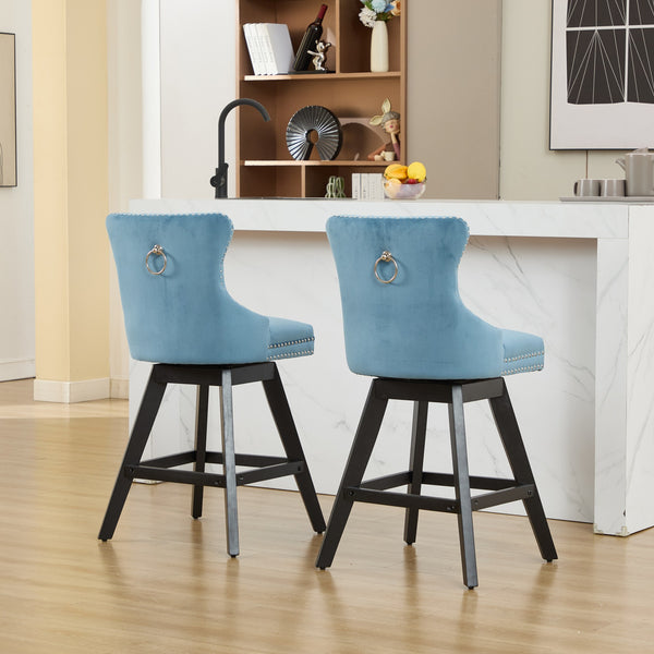 English Elm Swivel Velvet Barstools with Tufted Back Support, 360° Rotation, Foam & Spring Cushion, Sturdy Wooden Frame Light Blue W1143P369089