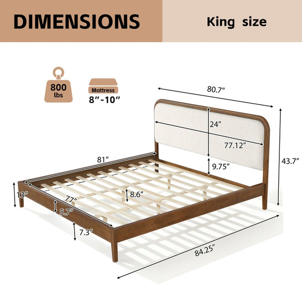 English Elm King Acacia Wood Platform Bed Curved Upholstered Headboard Scandinavian Bedroom N758K518081N