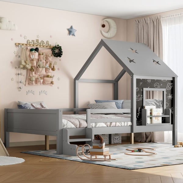 English Elm Full Bunk Bed with Trundle Bookshelf Storage Pine Frame Car Design for Kids Gray W1580S00296