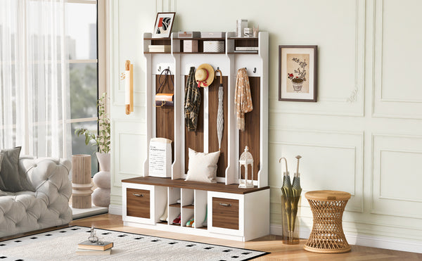 English Elm U-Can 5-in-1 Entryway Bench Hall Tree with 7 Hooks, 2 Drawers & Adjustable Shelves for Organized Homes Brown+White N724P235232D