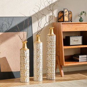 English Elm Floor Antique White Gold Metal Vases Set of 3 (32/28/24") — Tall Decorative Centerpieces for Entryway W2796P193594