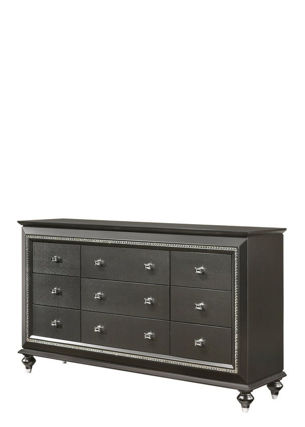 English Elm Kaitlyn Elegant Dresser with 9 Felt-Lined Drawers, Crystal Trim, Embossed Texture & Bun Legs Silver grey 70 L x 21 W x 39 H B2726P261867