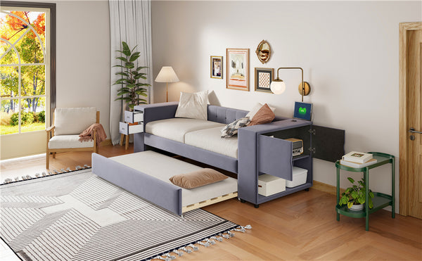 English Elm Twin Upholstered Bed with Trundle and Storage Drawers, USB Ports, French Velvet Luxurious Feel Gray SF000184AAE