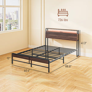 English Elm HOMCOM LED Platform Queen Bed Frame with USB-C Charging Station, 3-Tier Shelf, Noise-Free Support Walnut W2225P249912