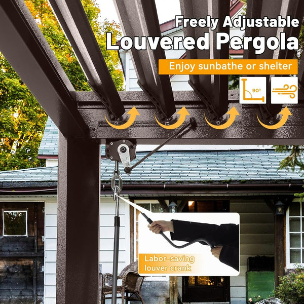 English Elm 8x5 Outdoor Hardtop Louvered Pergola Steel Grill Shelter with Gutter and Adjustable Roof Brown W1859S00177