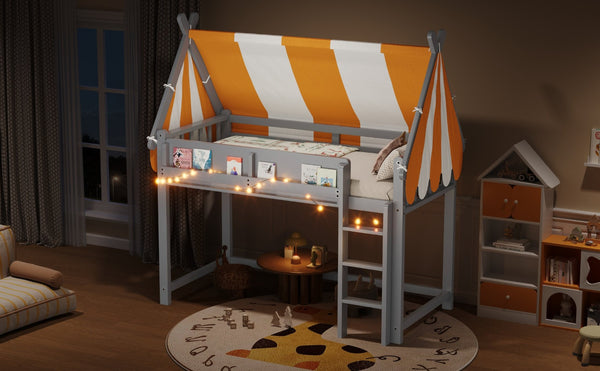 English Elm Twin Solid Wood Loft Bed with Led Lights Canopy Bookshelf for Kids Bedroom Gray N7090002241E