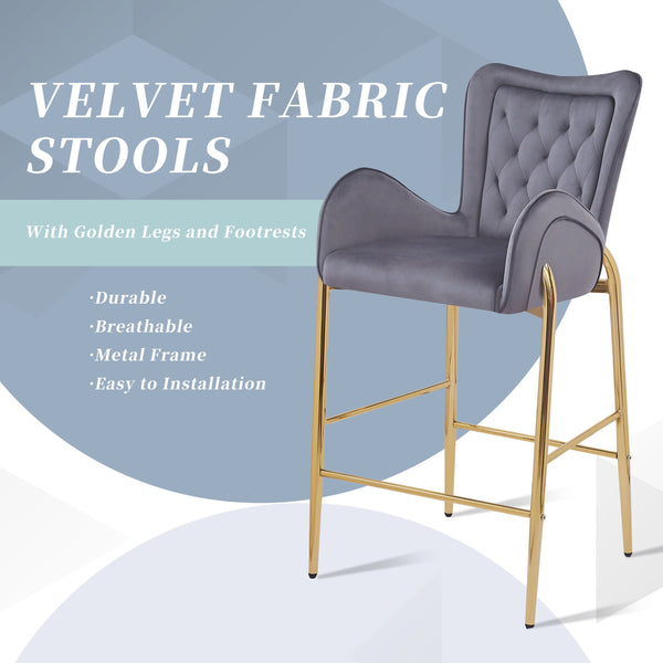 English Elm Christopher Knight Home® - 28.75inch Velvet Counter Height Stool Set of 2 with Tufted Back, Gold Frame & Foam Comfort, 265lb Gray N762P199823E