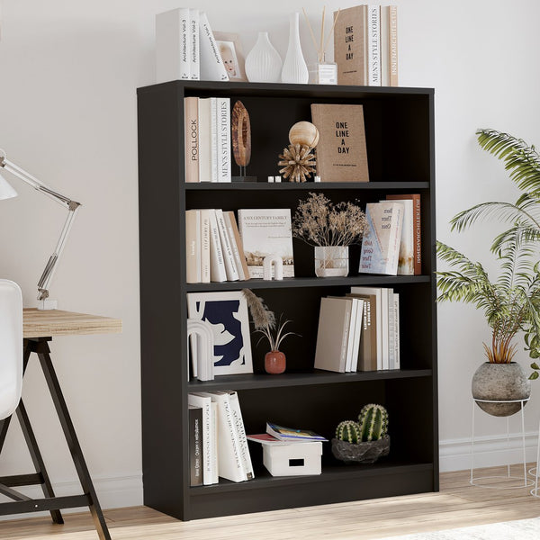 English Elm 4 Shelf Modern Wooden Bookcase 48" Tall Black – 4-Tier Freestanding Display, Adjustable Shelves, Waterproof Finish T3623P379637