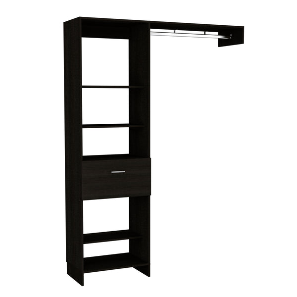 English Elm Hybrid Closet System with Five Open Shelves, Spacious Drawer & Metal Rod for Smart Vertical Storage Black 83 L x 20 W x 4 H B128S00093