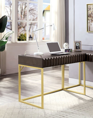 English Elm Transitional Two-tone Computer Desk with Matte Gold Metal Base, Lift-Top Work Surface and Concealed Drawer Storage Walnut 50 L x 28 W x 10 H B2741S00260