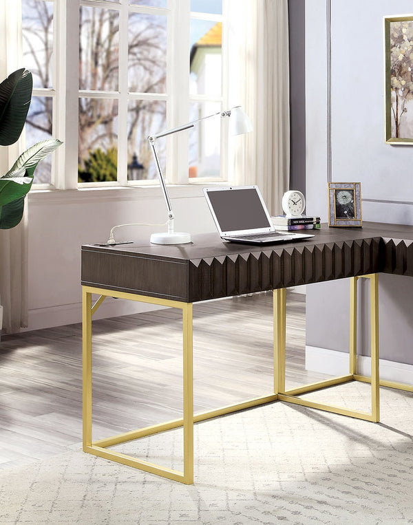 English Elm Transitional Two-tone Computer Desk with Matte Gold Metal Base, Lift-Top Work Surface and Concealed Drawer Storage Walnut 50 L x 28 W x 10 H B2741S00260