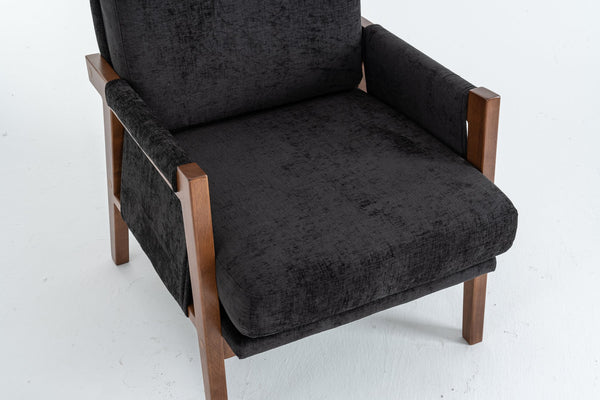 English Elm Mid-Century Solid Wood Accent Chair with Chenille Upholstery, Ergonomic Waist Support, Sturdy 300lb Capacity Black T3903P372382