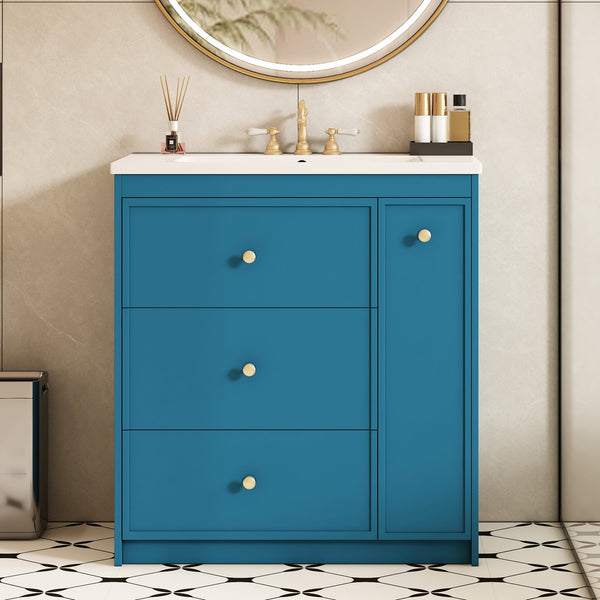 English Elm 30'' Modern Bathroom Vanity With Ceramic Sink, Durable Blue Finish & Ample Storage For Essentials N710P228374C