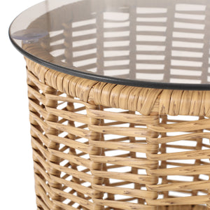English Elm Christopher Knight Home® - ARIAS RATTAN SIDE TABLE with Tempered Glass Top, Boho Drum Design, Durable Woven Polyethylene Finish Light Brown 65764.00LBRN