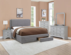 English Elm Light Upholstered Faux Leather Queen Bed with Headboard Panel & Built-In Underbed Storage Drawers, Contemporary Elegance Black,Light Gray 59 L x 49 W x 5 H B011S02016